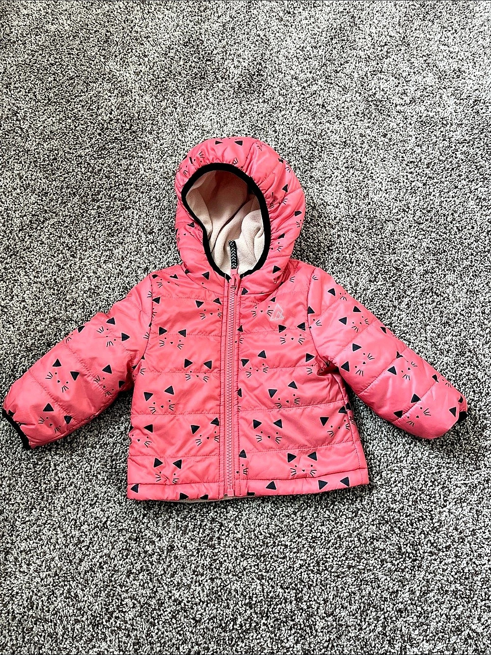 Ripzone Baby Pink & Black Kitty Hooded Puffer Jacket Size 3-6 Month